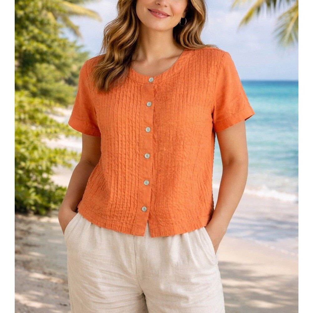 Orvis Women’s 100% Linen Pintuck Orange Button Front Blouse Size XL